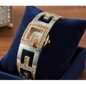 Guess Wrist Watch Vintage Goldtone Silver Rhinestone G Bangle Hidden Face Quartz